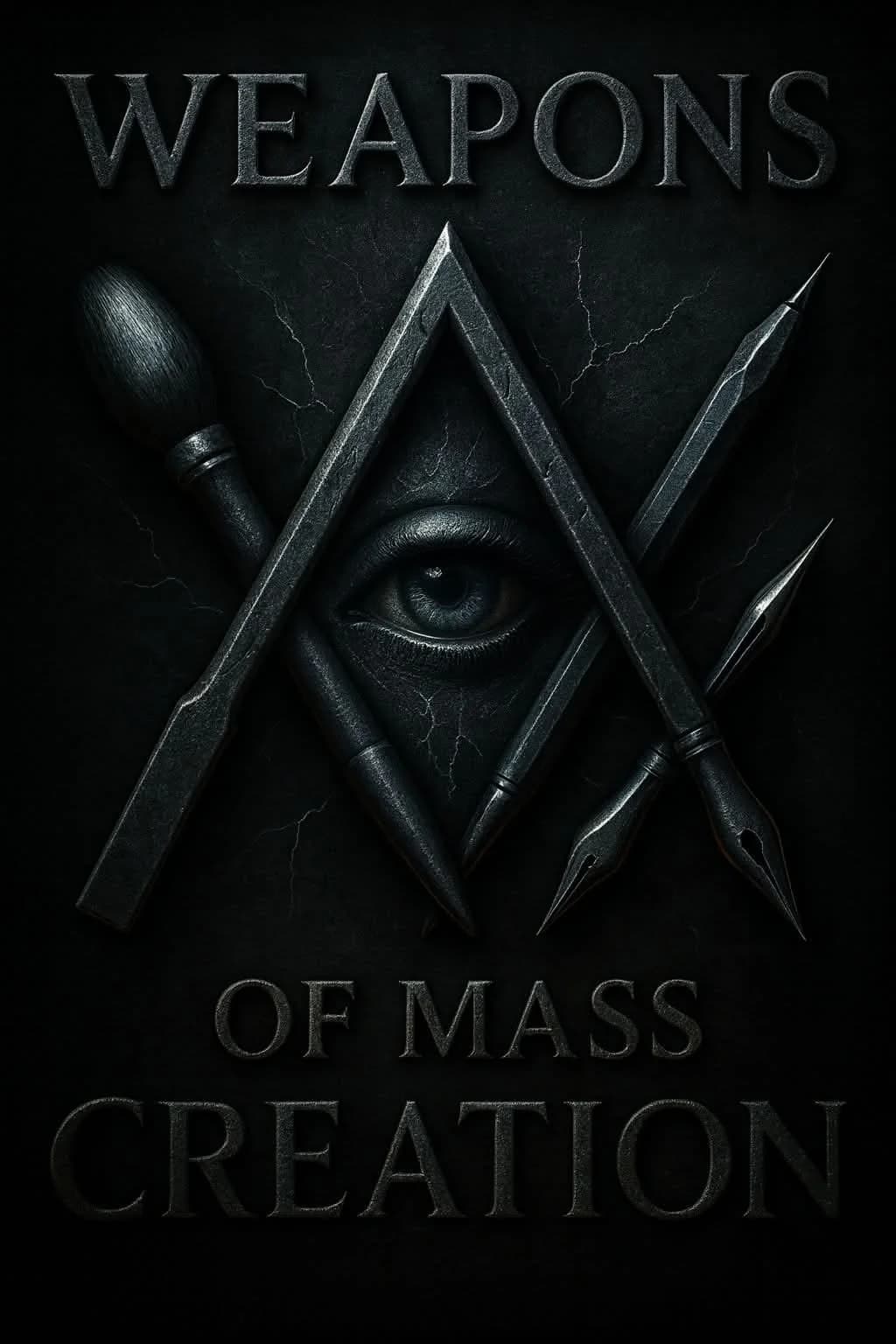 Weapons of Mass Creation — carved slate artwork: crossed pens, brush and chisel around an eye
